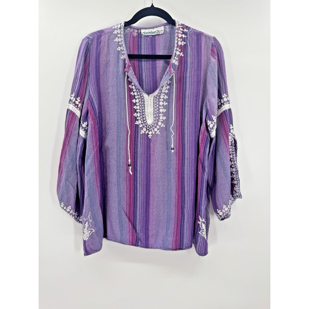 VTG 90s Boho Embroidered Long Sleeve Peasant Top 2X Hippie Festival Concert
